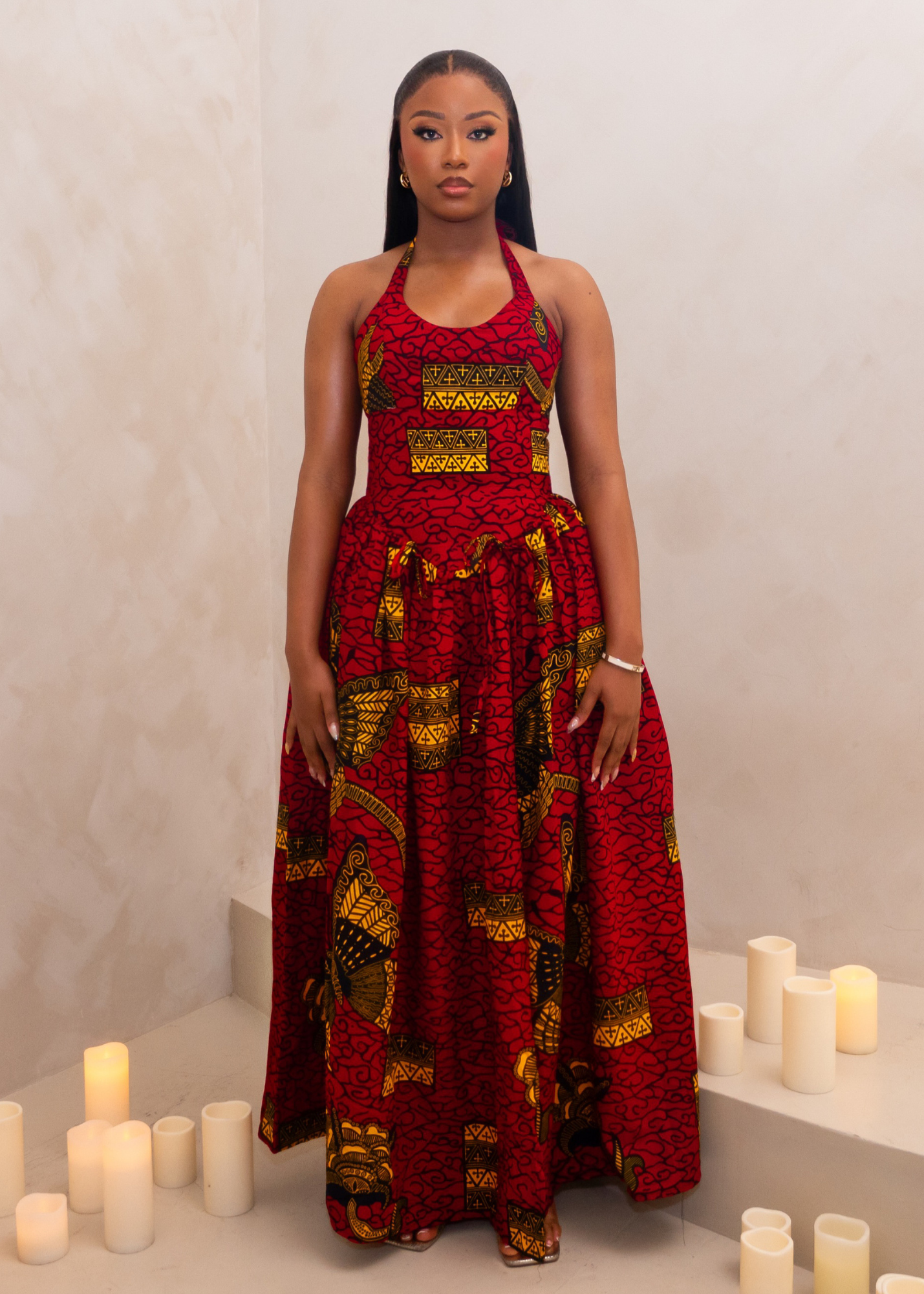 ARYA HALTER CORSET MAXI DRESS - RED